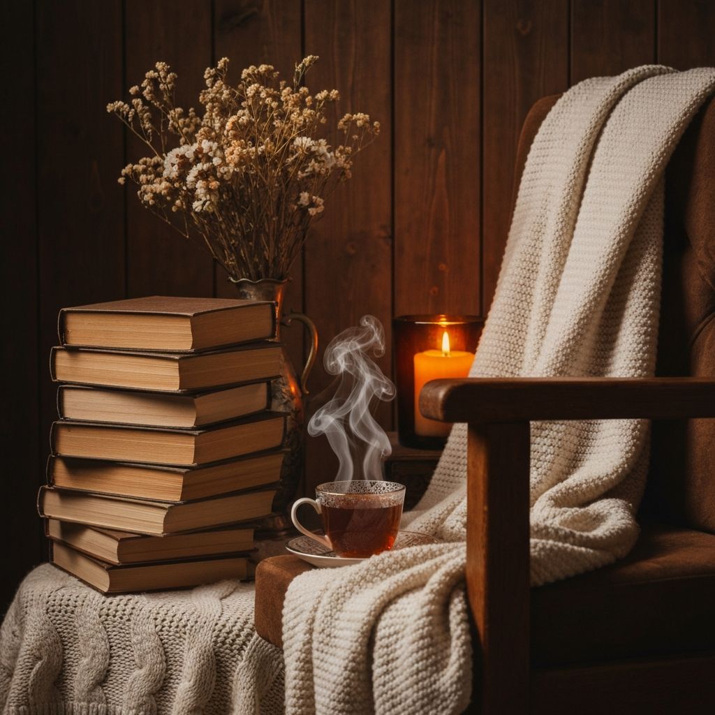 Уютный уголок с книгами и тёплым светом